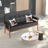 JIASTING 50” Black Leather Love Seat Sofa Couch, Mid Century Modern Small Office Loveseat Couch with Wood Arms, Two Seater Couches for Small Spaces, Living Room, Waiting Room, Bedroom (Black) JIASTING