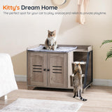 HOOBRO Cat Litter Box Enclosure with Ladder, Hidden Litter Box Furniture with Rechargeable 3-Color LED, Plush, Teaser Balls, 31.5" L x 18.9" W x 22.4" H, All-in-One, Black and Greige BG48MW01G1 HOOBRO