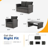 Wisteria Lane 4 Piece Outdoor Patio Furniture Sets, Wicker Conversation Set for Porch Deck, Grey Rattan Sofa Chair with Cushion （Dark Grey Wisteria Lane