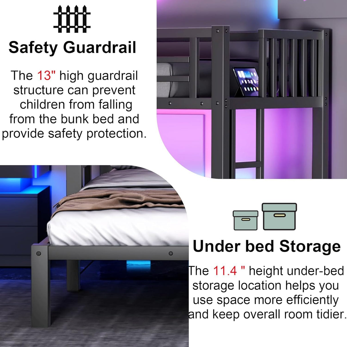 Triple Bunk Beds for Kids with LED Light, Heavy Duty Metal 3 Bunk Beds with Charge Station & Storage Shelf, Triple Bed for 3 Kids, Convertible Three Bunk Frame for Boys, Girls and Teens, Black Duxelifin