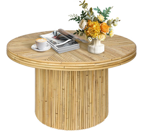 Round Coffee Table, Small Rattan Coffee Table, Mid Century Modern Coffee Table, Boho Circle Coffee Table, Tea Table, Unique Fluted Coffee Table, Rustic Center Table for Living Room ZYBT