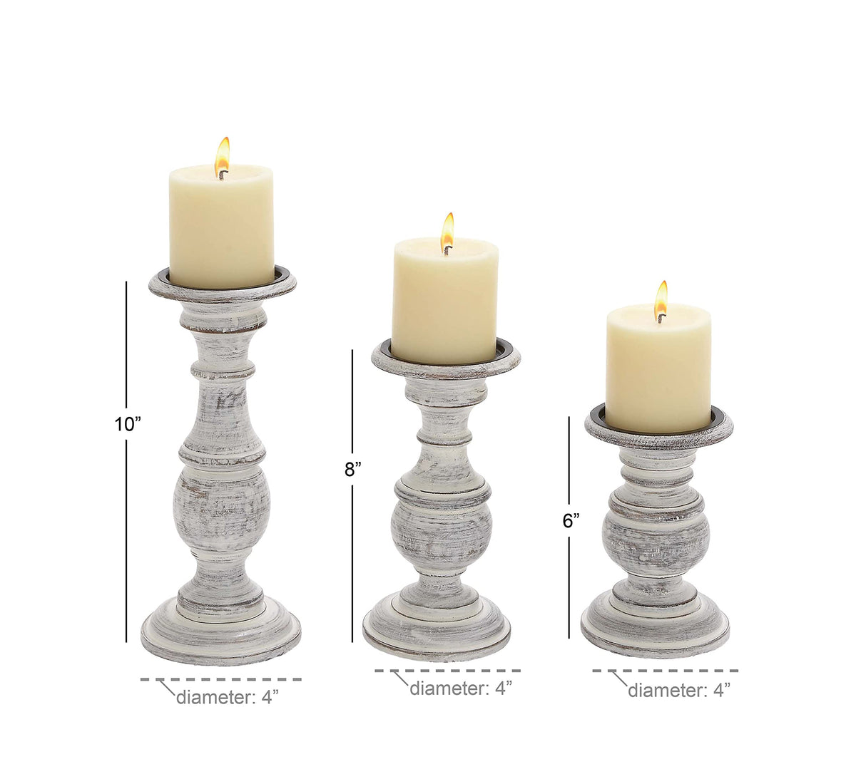 Deco 79 Mango Wood Decorative Candle Holder Turned Style Pillar Candle Stand, Set of 3 Candlestick Holder 10", 8", 6”H, White Deco 79