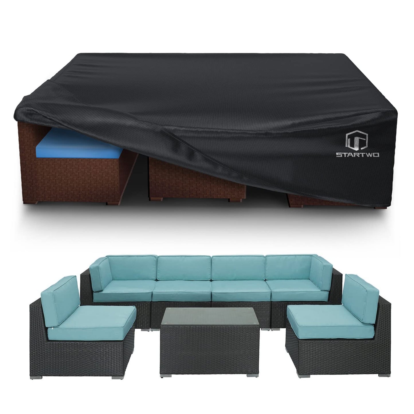 STARTWO Patio Furniture Covers Waterproof, Anti-UV Tear-Resistant 500D Heavy Duty 7-12 Seats Outdoor Furniture Set Cover for Sectional Sofa, Patio Table Cover, 126"x63"x28", Black