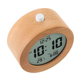 Plumeet Wooden Digital Alarm Clock for Bedrooms, Wood 4'' Battery Powered Alarm Clock with Snooze and Nightlight, Electronic LCD Desk Clock Display Time, Date, Temp, 12/24H, Wood Décor, Round, Brown Plumeet