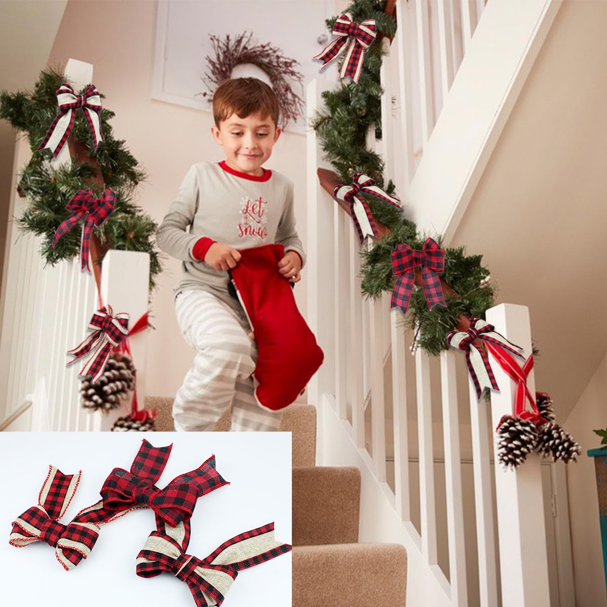 3 Rolls Buffalo Plaid Ribbon - Wired Edge, 9.9 Yards, 1.5 Inch Width (Black & Red) - Perfect for Christmas Tree Wrapping & Crafts BOYIVI