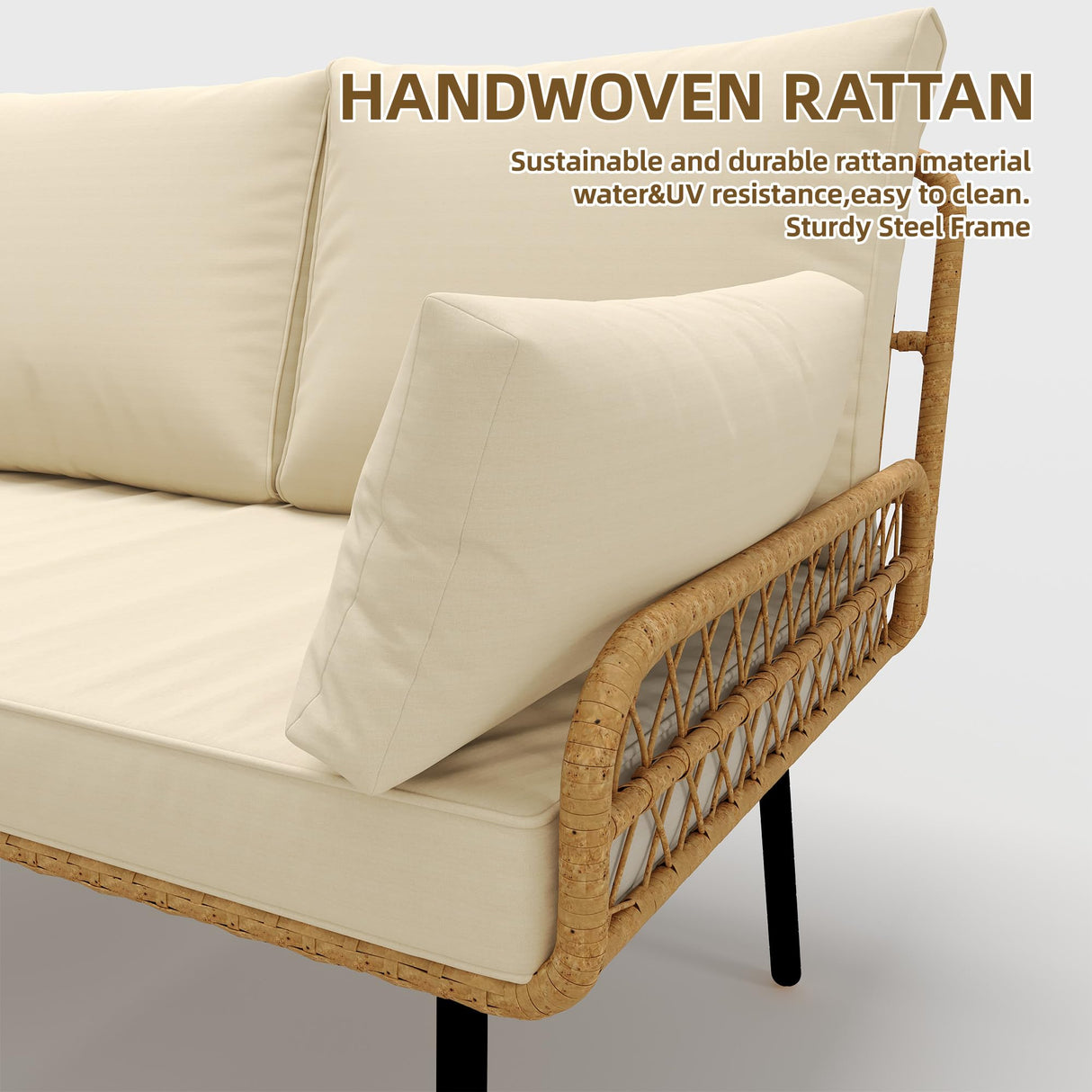 IDEALHOUSE 3-Piece Patio Furniture Set, All Weather Rattan Sofa with Tempered Glass Coffee Table and Thick Cushions, Sectional L-Shaped Patio Furniture for Deck, Poolside, Backyard, or Porch, Beige IDEALHOUSE