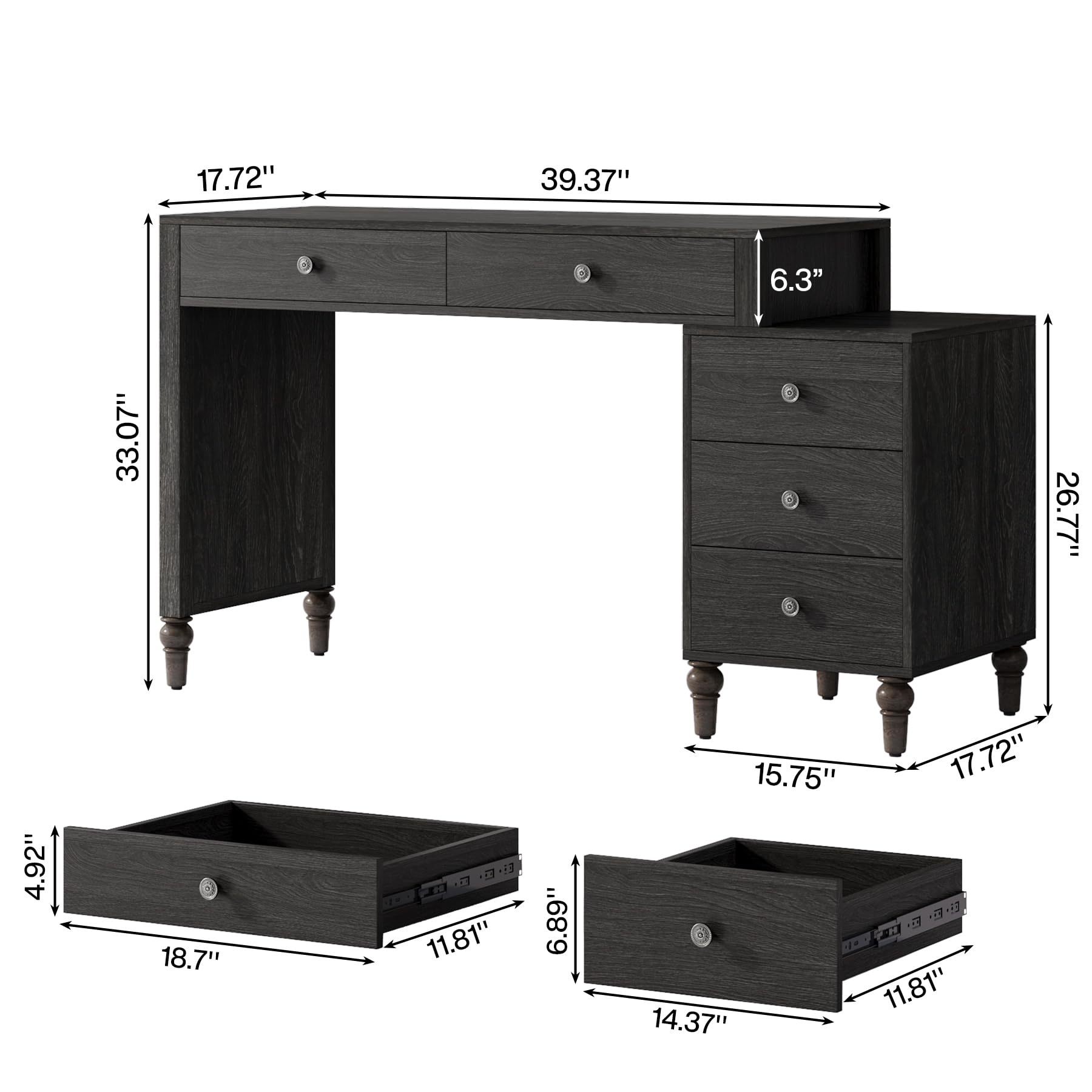 Tribesigns Computer Desk with 5 Drawers, Wood Home Office Desk with Reversible File Drawers and Printer Stand, Black Writing Desk, Study Table Workstation for Small Spaces - WoodArtSupply