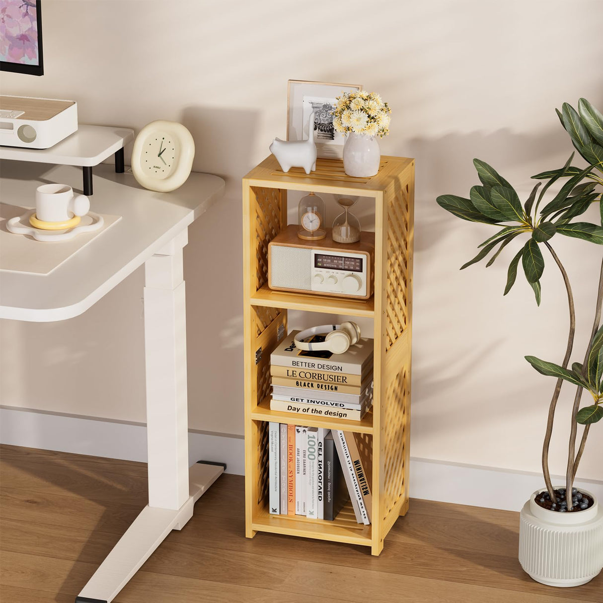 Amazer 3-Tier Bamboo Book Shelf, 32 Inches Tall Standing Bookshelf – Space-Saving, Adjustable Storage Shelves, Bookcase for Home, Office, Bedroom and Living Room Amazer