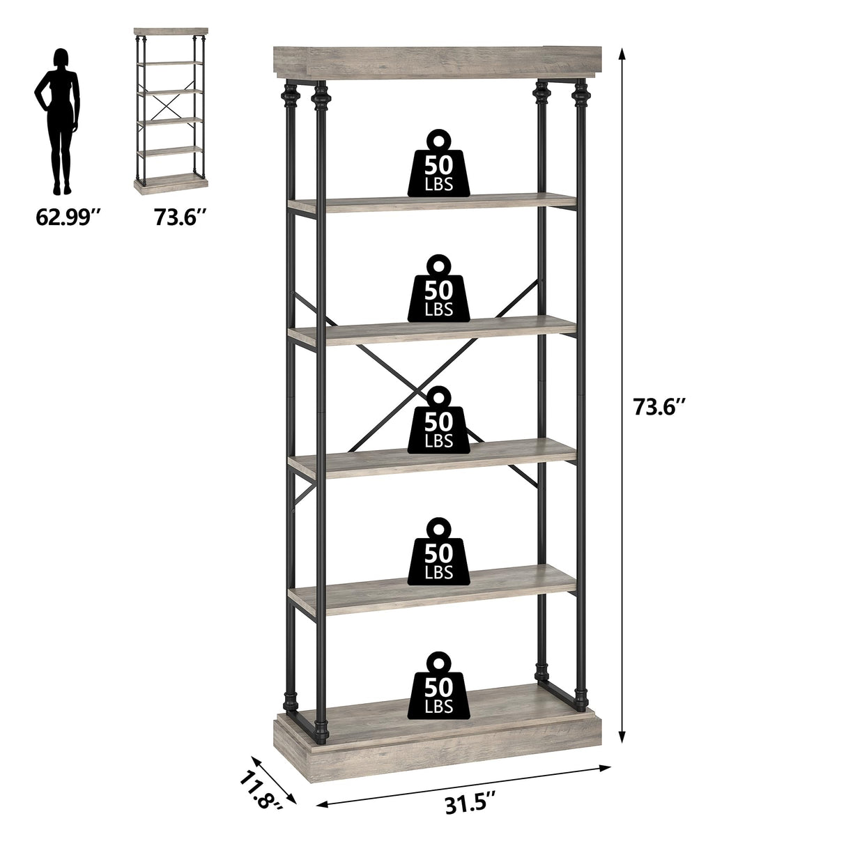 IDEALHOUSE Rustic 6-Tier Industrial Bookshelf with Metal Frame - Elegant Grey Storage Rack for Home and Office IDEALHOUSE