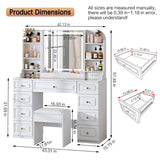 Arulvmrn 42" Makeup Vanity Desk with Mirror and Lights, & Power Outl, Glass Top Big Vanity Table with 9 Drawers& 8 Storage Shelves, Dressing Table Set with Chair for Bedroom, White Arulvmrn