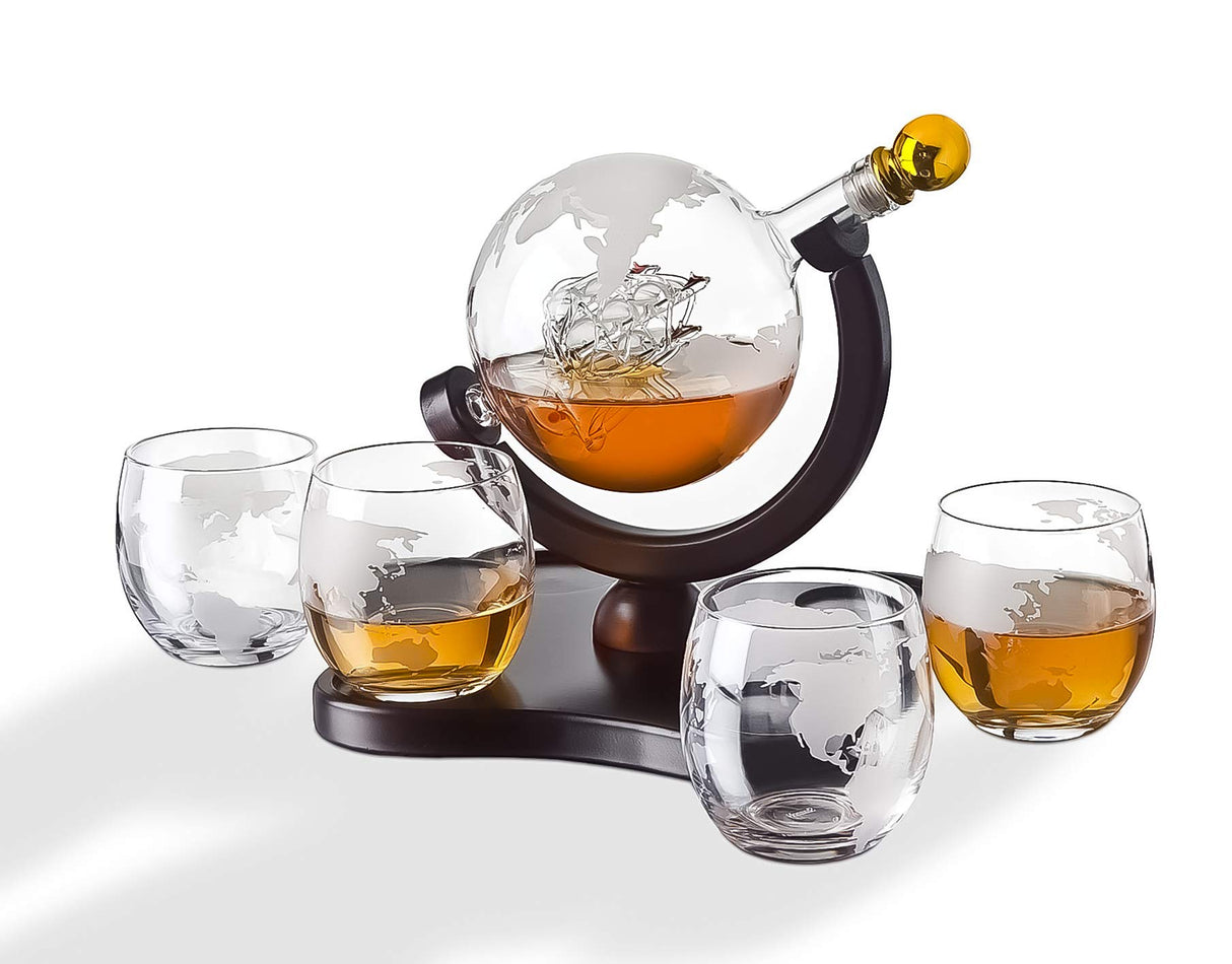 Attractive Home Bar Décor 5pc Whiskey/Wine Globe Decanter Set, World Etched Bottle with 4 Premium Glass Cups on Attractive Mahogany Wood Stand. - THE PERFECT PRESENT - Le'raze