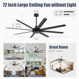 72 inch Ceiling Fans without Light Remote Control, 8 Reversible Blade, Quiet DC Motor, Timer Function, 6-Speed, Industrial Ceiling Fan No Light for Bedroom Home Kitchen (Black) Breezary