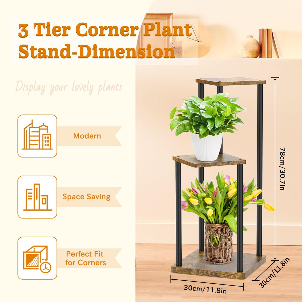 Oppro 3 Tier Plant Stands Indoor, Metal Wood Tiered Corner Plant Stand Pot Holder, Wood Flower Shelf Display Rack for Living Room Bedroom Outdoor Balcony Garden Patio, Black Oppro