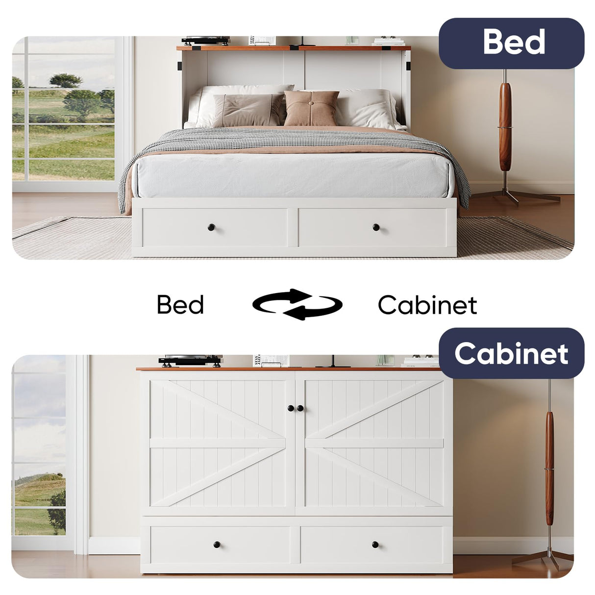 ZAFLY Murphy Bed Full Size, Cabinet Bed with Tri-Folding Mattress & USB Charging Station & Storage Drawers, Modern Multifunctional Cabinet Murphy Beds, Saving Spaces Hidden Guest Beds - White ZAFLY