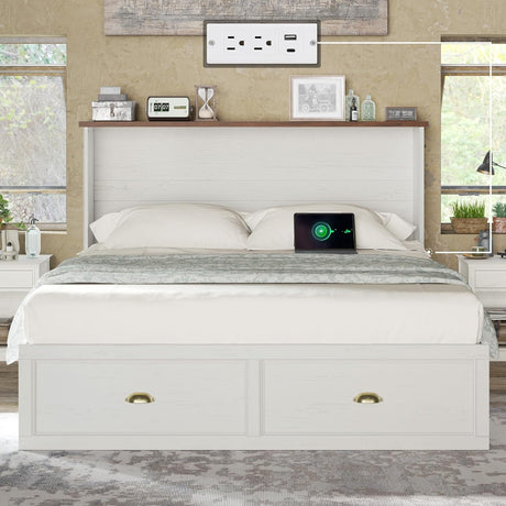 AMERLIFE Full Size Murphy Bed, Farmhouse Wooden Cabinet with Charging Station and Storage Drawer for Bedroom/Office/Guest Room, White+Barnwood AMERLIFE