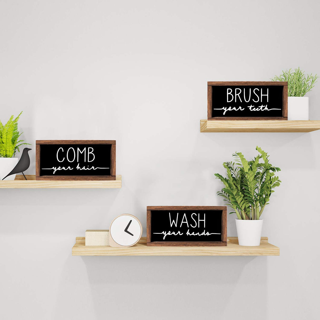 LIBWYS Bathroom Sign & Plaque (Set of 3) Wash Your Hands Brush Your Teeth Comb Your Hair Decorative Rustic Wood Farmhouse Bathroom Wall Decor (Black) LIBWYS