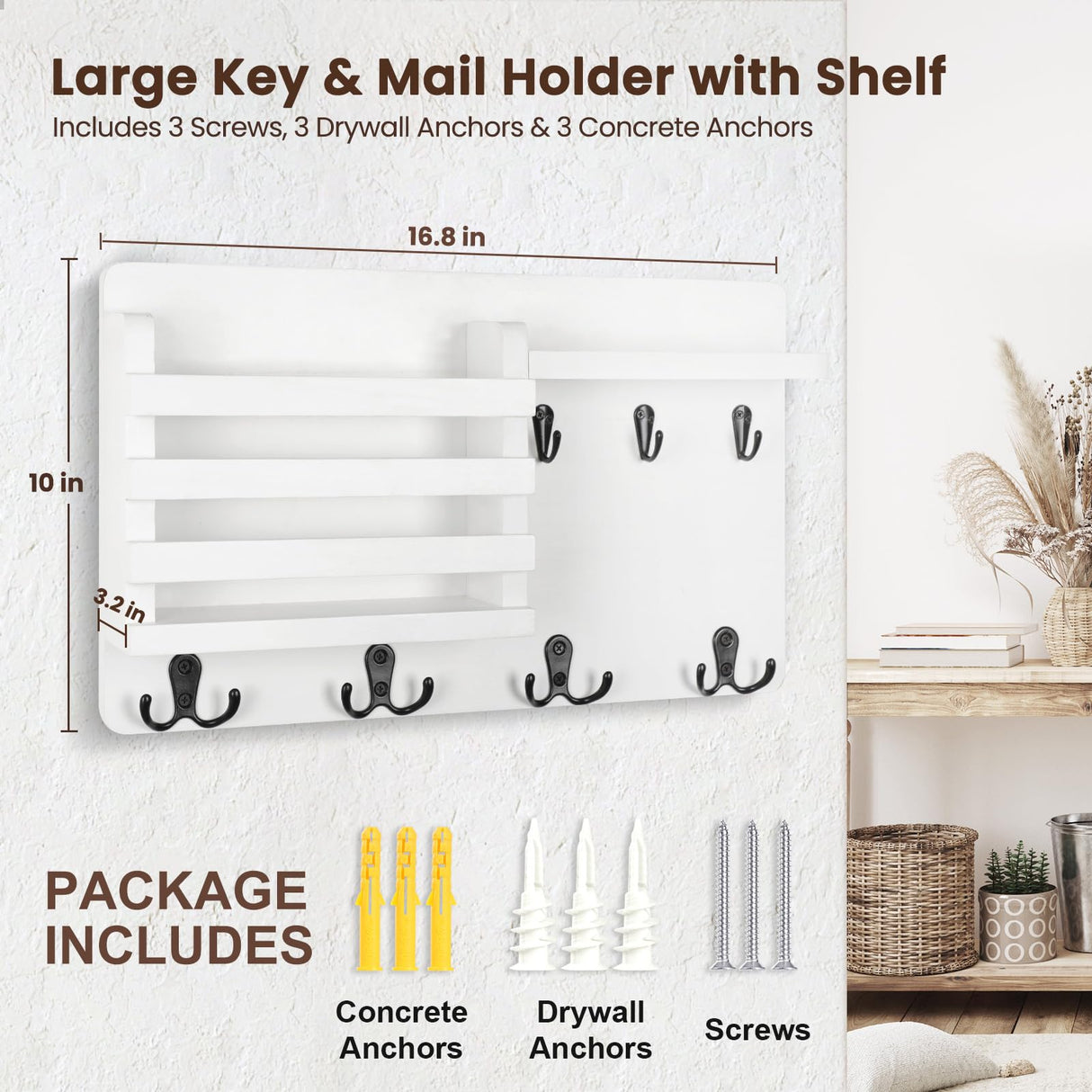 Nekon Mail Holder for Wall Mail Organizer with Key Hooks Hallway Farmhouse Decor Letter Sorter Made of Natural Wood with Floating Shelf and Flush Mount Hardware (16.8Inch x 10Inch x 3.2Inch) Nekon