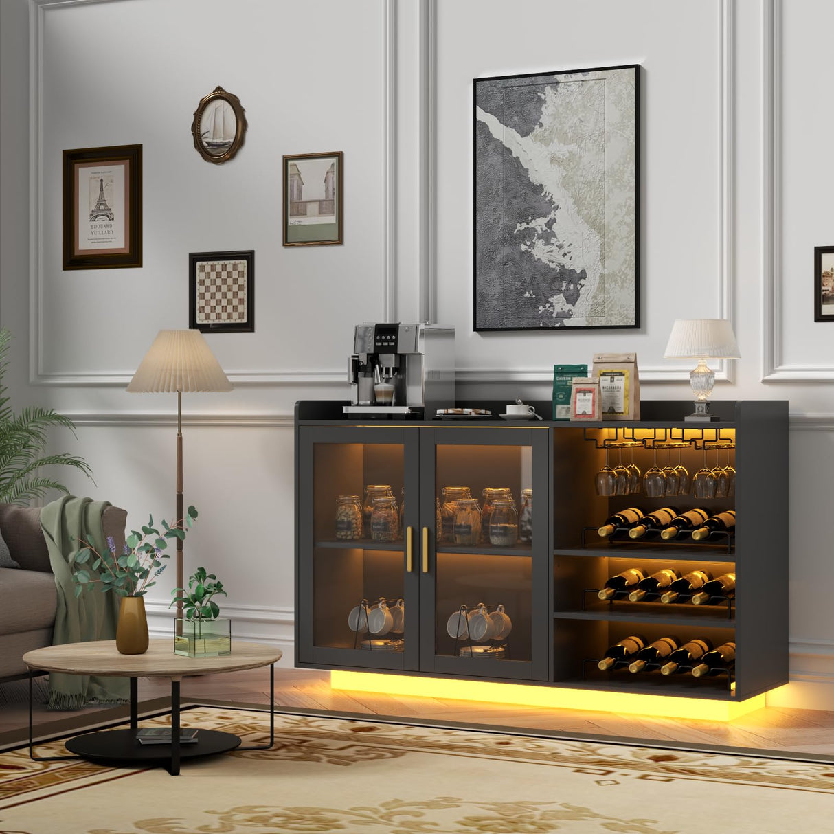 Loomie Wine Bar Cabinet with LED Lights, Floating Coffee Bar with Glass Rack and Removable Wine Racks, Modern Buffet Sideboard with Storage Shelves, Kithchen Bar with Glass Cabinet Doors, Black Loomie