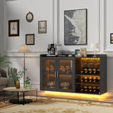 Loomie Wine Bar Cabinet with LED Lights, Floating Coffee Bar with Glass Rack and Removable Wine Racks, Modern Buffet Sideboard with Storage Shelves, Kithchen Bar with Glass Cabinet Doors, Black Loomie