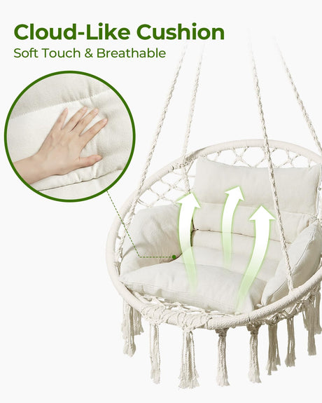 Greenstell Hammock Chair, Macrame Swing Chair with Comfy Cushion, Boho Hanging Chair for Outdoor & Indoor, Perfect for Bedroom, Patio, Balcony, Hold up to 330Lbs, Beige GREENSTELL