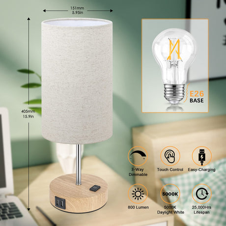 Bedside Table Lamps with 2 USB Charging Ports & AC Outlet, Set of 2 Touch Control Wooden Base Nightstand 3-Way Dimmable Lamps with Beige Fabric Shade for Bedroom, Living Room, A19 E26 Bulbs Included Brightever