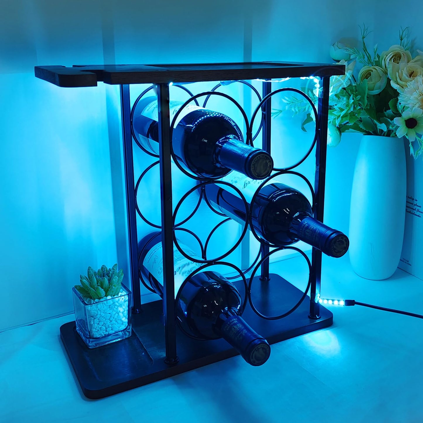 Britrio Wine Rack Countertop with LED Light Wine Bottle Glass Holder Organizer for Kitchen Bar Cabinet Cupboard Home Decor Liquor Storage Rack Shelf Coffee Bar Buffet Tabletop 6 Bottles Free  - WoodArtSupply