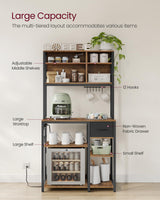 VASAGLE Bakers Rack with Charging Station, Coffee Bar with Adjustable Storage Shelves, Fabric Drawer, 12 Hooks, 15.7 x 31.5 x 71 Inches, Kitchen Microwave Stand, Rustic Brown and Ink Black UKKS015K01 VASAGLE