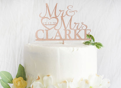 Personalized Wedding Cake Topper | Wooden Cake Topper | Mr Mrs Heart Customized Wedding Date And Last Name - WoodArtSupply