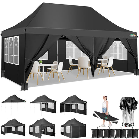 COBIZI 10x20ft Pop Up Canopy Tent with 6 Removable Sidewalls, Easy Up Commercial Canopy, Waterproof and UV50+ Gazebo with Portable Bag, Adjustable Leg Heights,Party Tents for Parties, with 4 Sandbags COBIZI