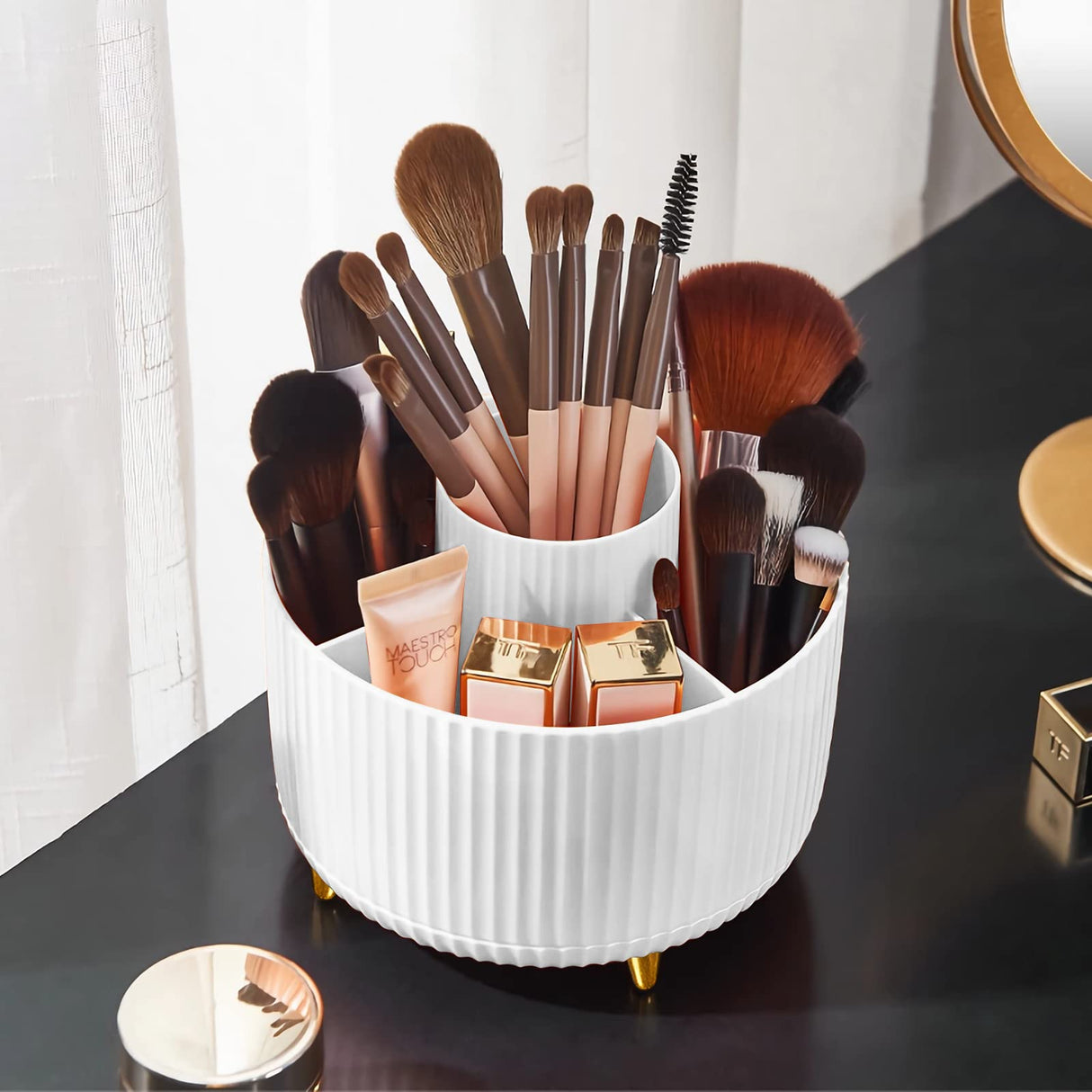 Diesisa Makeup Brush Holder Organizer,360° Rotating Makeup Brush Organizer,5 Slot Make up Brushes Cup for Cosmetics, Nail Polish, Art Supply, Bathroom Vanity Desktop Organizer - White Diesisa