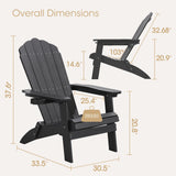 Qsun Outdoor Folding Adirondack Chair of 2, Weather Resistant Patio Chair with Cup Holder for Outside, Deck, Lawn, Backyard, Garden, Fire Pit, Campfire Lounger, Black, Large Qsun