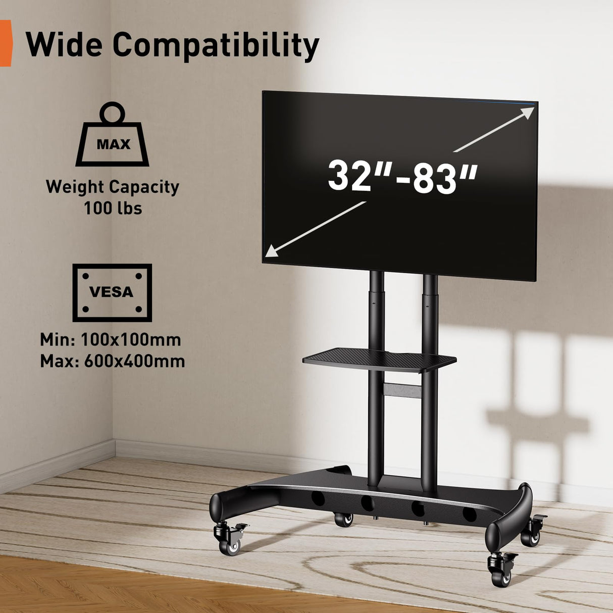 Perlegear Mobile TV Cart for 32-83 Inch Flat/Curved LED/LCD/OLED TVs Rolling TV Stand with Height Adjustable Shelf Max VESA 600x400mm up to 100lbs- Outdoor TV Stand Trolley with Wheels PGTVMC05-1 Perlegear