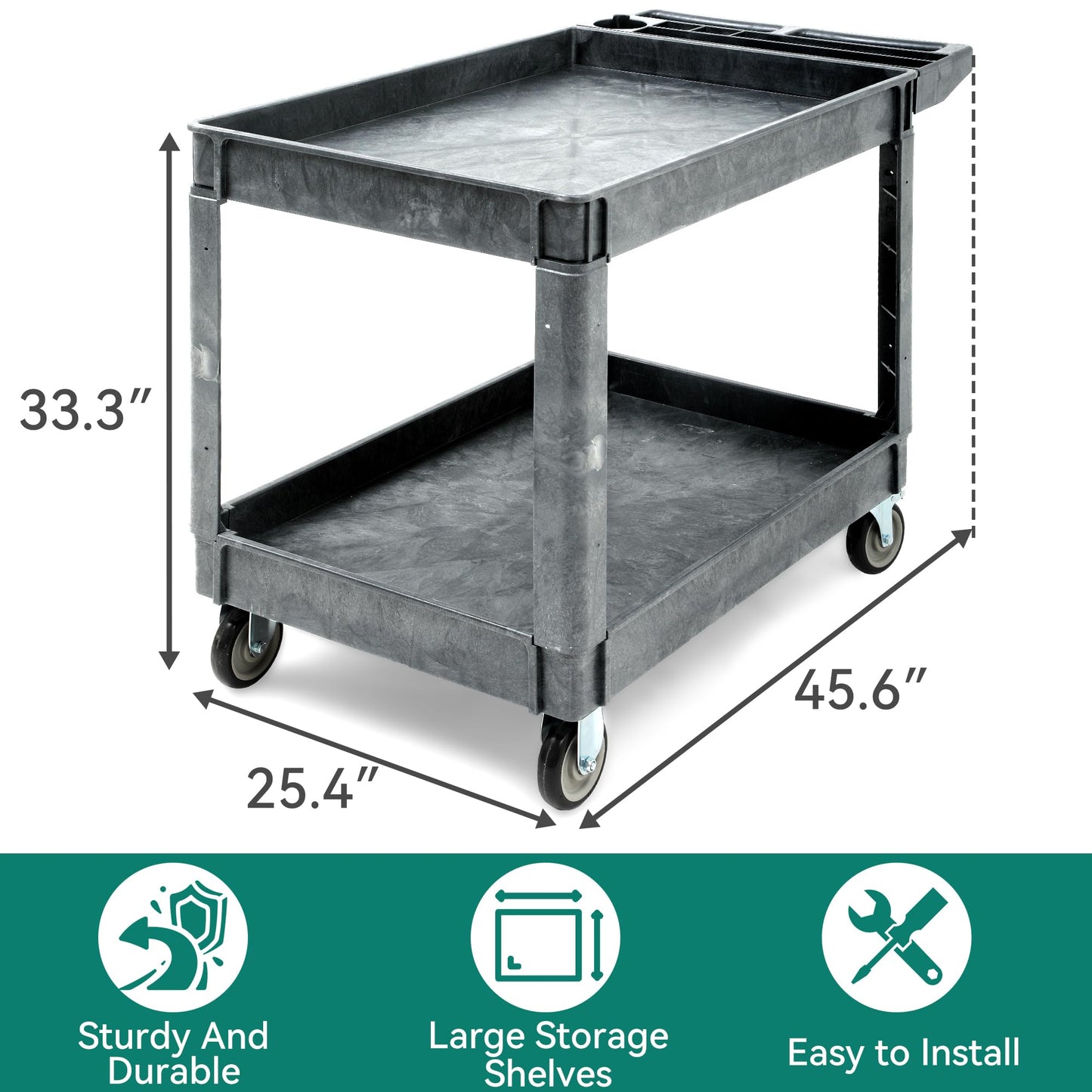 YITAHOME Utility Cart on Wheels, 550 lbs Service Cart 45 x 25 Inch Rolling Work Carts with Wheels, 2 Shelf Heavy Duty Plastic Cart Suitable for Warehouse, Garage, School & Office, Cleaning, Gray