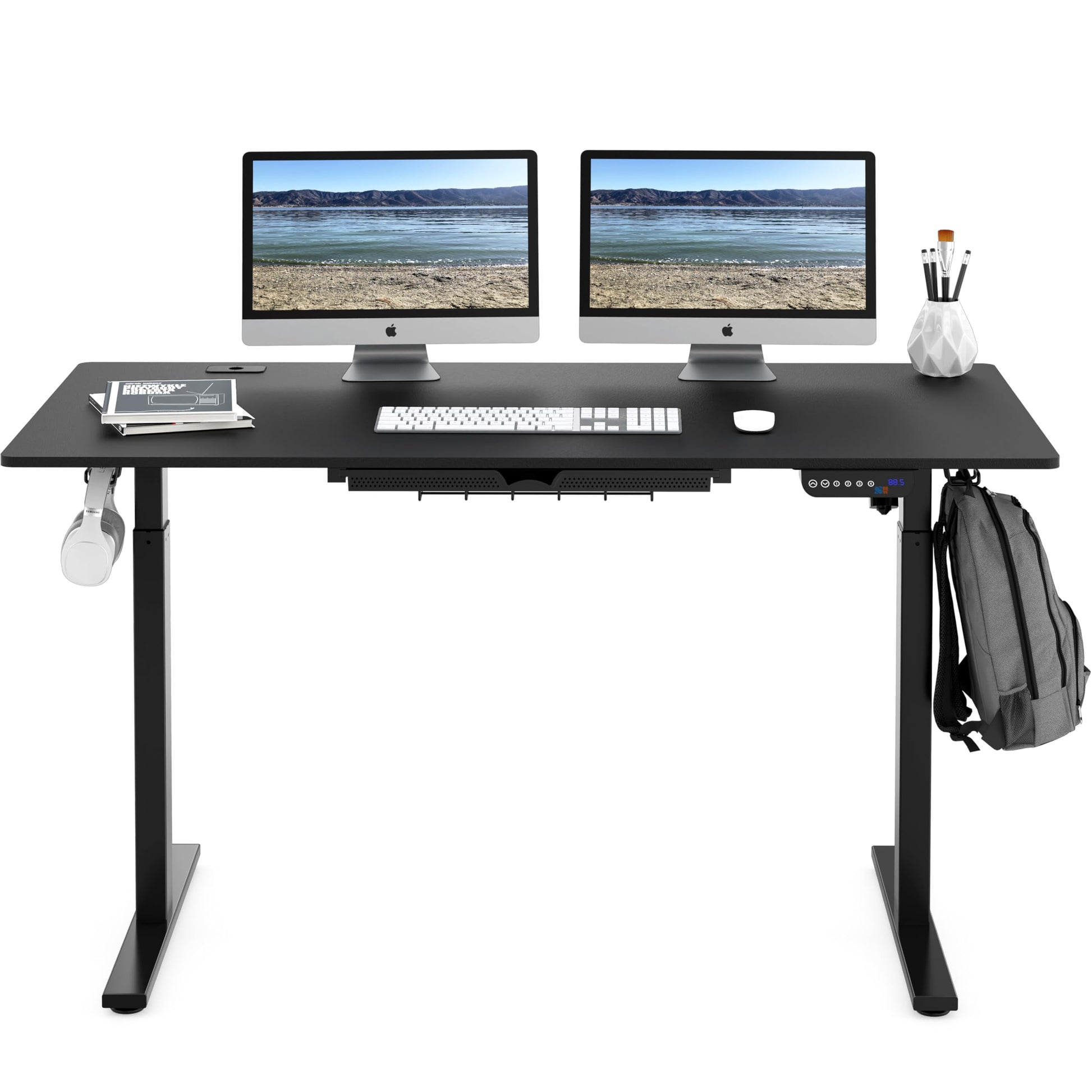 SHW 55-Inch Large Electric Height Adjustable Standing Desk, 55 x 28 Inches, Black - WoodArtSupply