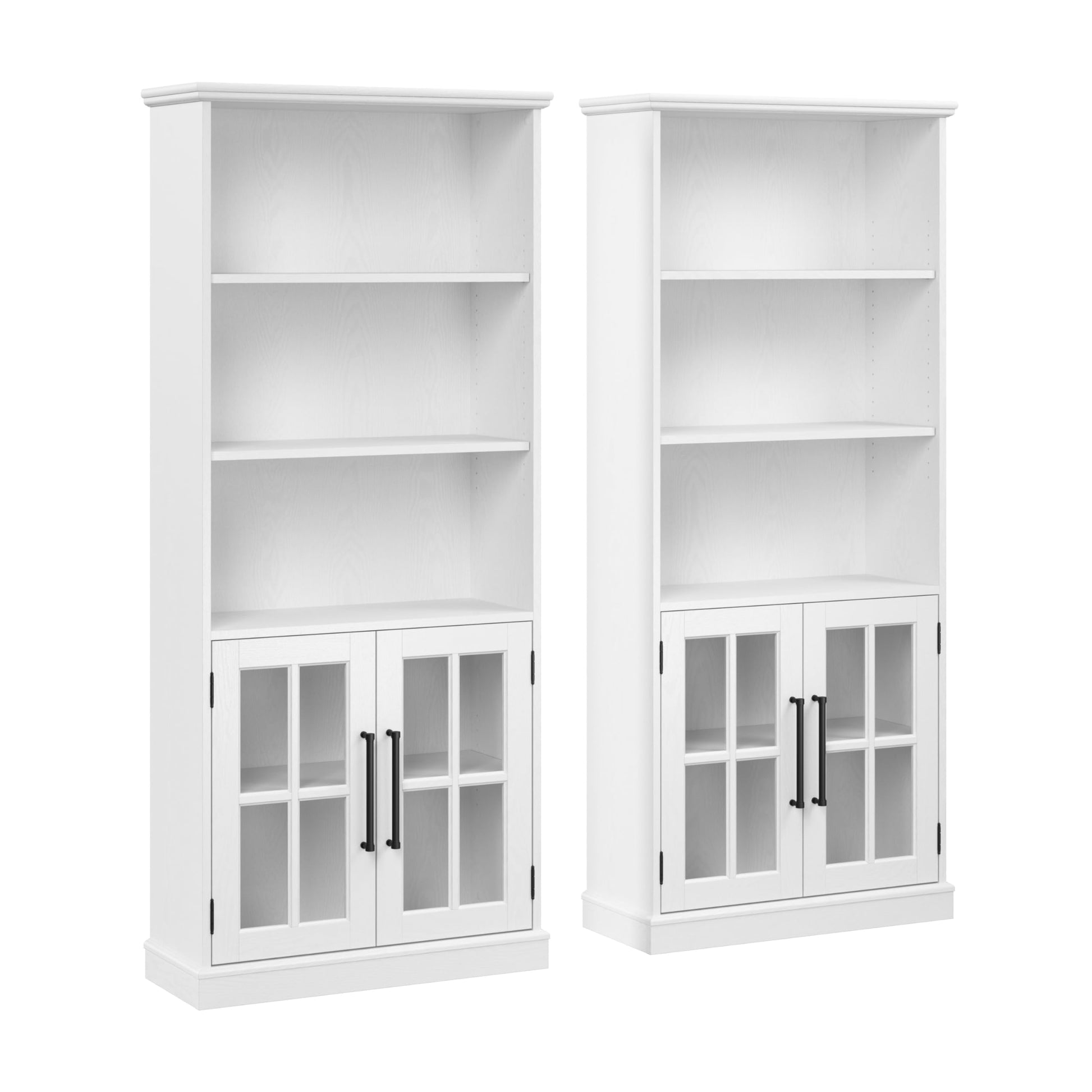 Bush Furniture Westbrook Modern Farmhouse 5 Shelf Bookcase with Glass Doors - Set of 2 in White Ash - WoodArtSupply