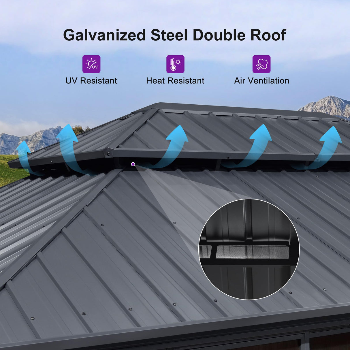 PURPLE LEAF 12' X 16' Solarium Sunroom Permanent Hardtop Screened Gazebo Galvanized Steel Double Roof Aluminum Outdoor Enclosed Gazebo for Hot Tub Lawn Deck Backyard Grey PURPLE LEAF