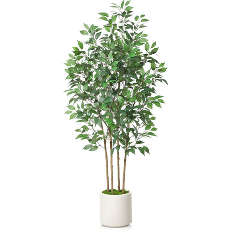 SOGUYI Ficus Artificial Tree 6ft Fake Silk Plant for Home Decor Indoor, Faux Floor Tree in White Imitation Ceramic Planter with Green Fake Moss for Home Office Corner Indoor Decor, Set of 1 SOGUYI