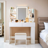 Furmax Vanity Desk with Mirror and LED Lights, Makeup Vanity Table with 3 Lighting Color, Adjustable Brightness, Vanity Table with 2 Drawers, Side Storage, for Bedroom (White, with Bench) Furmax