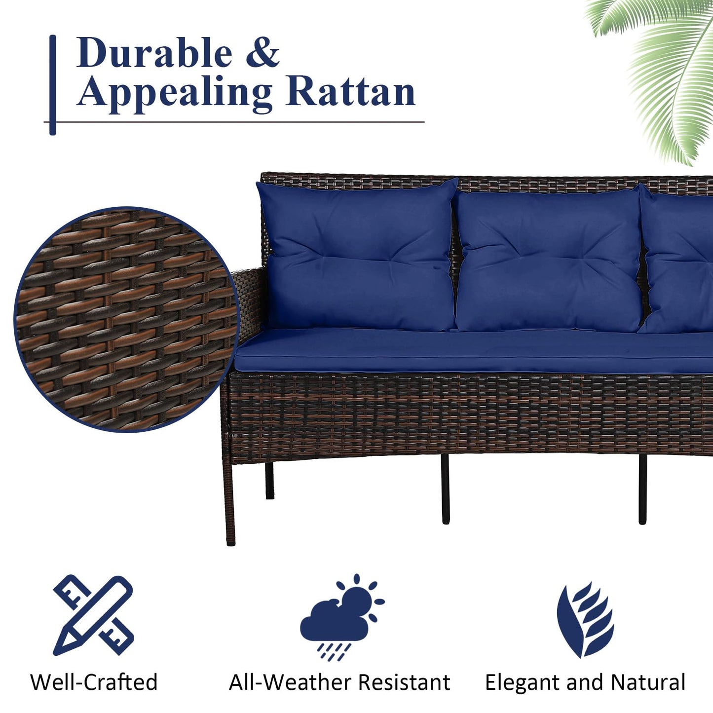 Tangkula 3 Pieces Patio Conversation Set, All Weather Outdoor PE Rattan Wicker Furniture Set with Padded Cushions, Tempered Glass Coffee Table, for Poolside, Backyard, Garden (Navy)