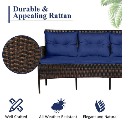 Tangkula 3 Pieces Patio Conversation Set, All Weather Outdoor PE Rattan Wicker Furniture Set with Padded Cushions, Tempered Glass Coffee Table, for Poolside, Backyard, Garden (Navy)