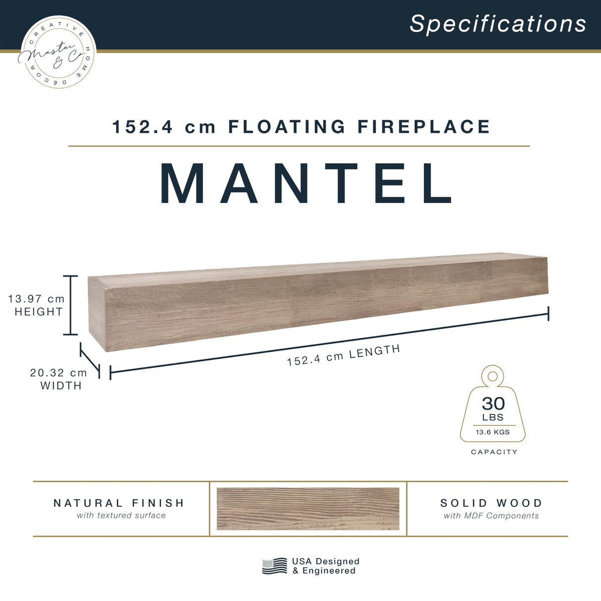 MCS 60-Inch Mantel, Master & Co Antique Natural Finsh Solid Wood Floating Fireplace Mantel, Long Floating Shelf for Livingroom with Wood Cleat Hanging System, Photo and Home Decor Display Shelf MCS