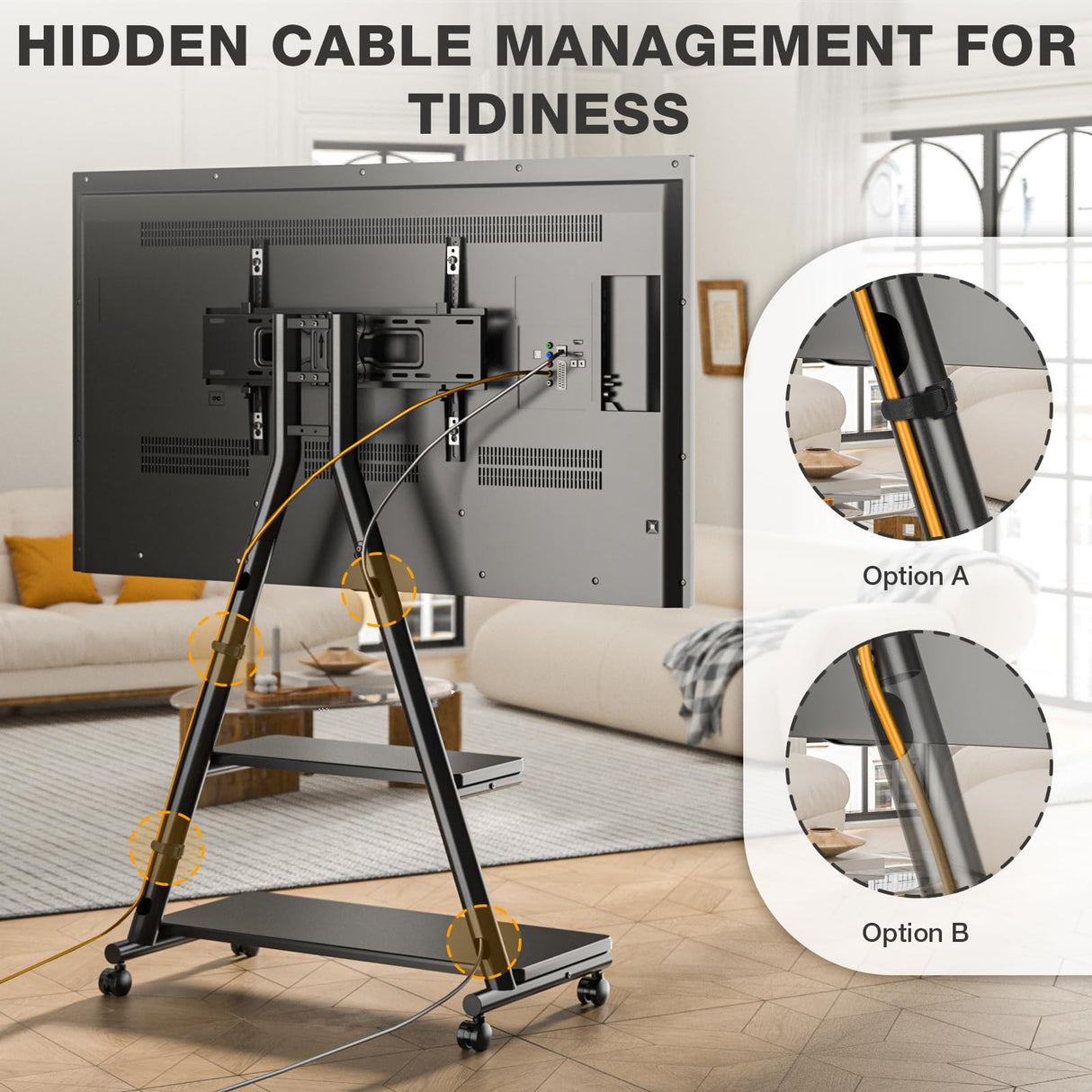 TVON Rolling TV Stand for 43-80" TVs up to 150lbs, Portable TV Stand on Wheels with Enhanced Triangular Design, Height Adjustable Mobile TV Stand with Swivel/Tilt/Dual Shelves for Indoor/Outdoor Use TVON