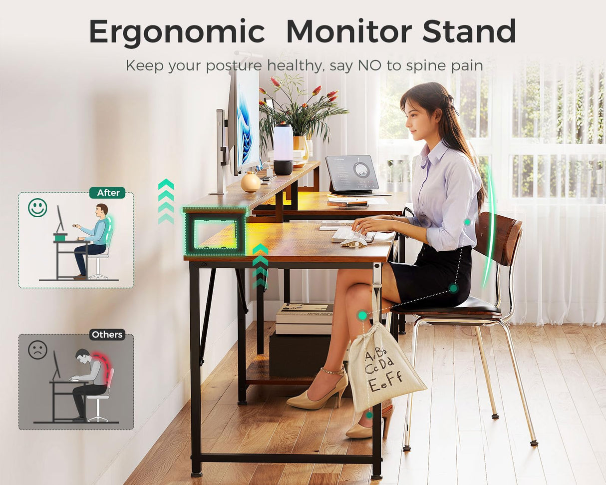 Coleshome 98" Home Office Computer Desks with Storage Shelves- 2 Person Writing Desk with LED Lights & Power Outlet, Long Two Person Desk with Monitor Stand, Double Study/Work Table Workstation, Brown Coleshome