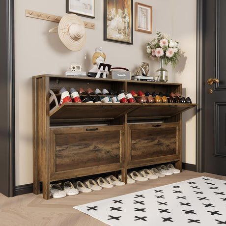 LOUVIXA Shoe Cabinet with 4 Flip Drawers, Narrow Shoe Storage Cabinet, Freestanding Shoe Cabinet Organizer, Hidden Shoe Rack Cabinet for Entryway, Hallway (4-Drawers, Brown/4-drawers) LOUVIXA