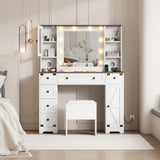GarveeHome Makeup Vanity and Stool, Vanity Desk with Lights in 3 Colors, White Vanity Table with Charging Station, 6 Drawers and Cabinets GarveeHome