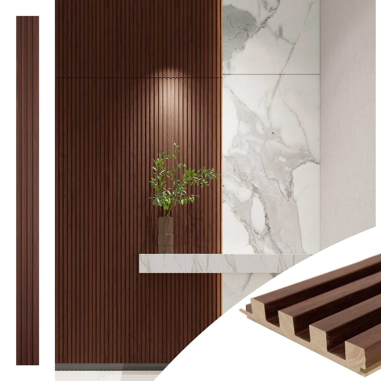 Art3d Slat Wood Wall Paneling for Interior and Ceiling Decoration - Pack of 4pcs + 1pc End-Trim, Size 108 x 5.7in.- Walnut Art3d