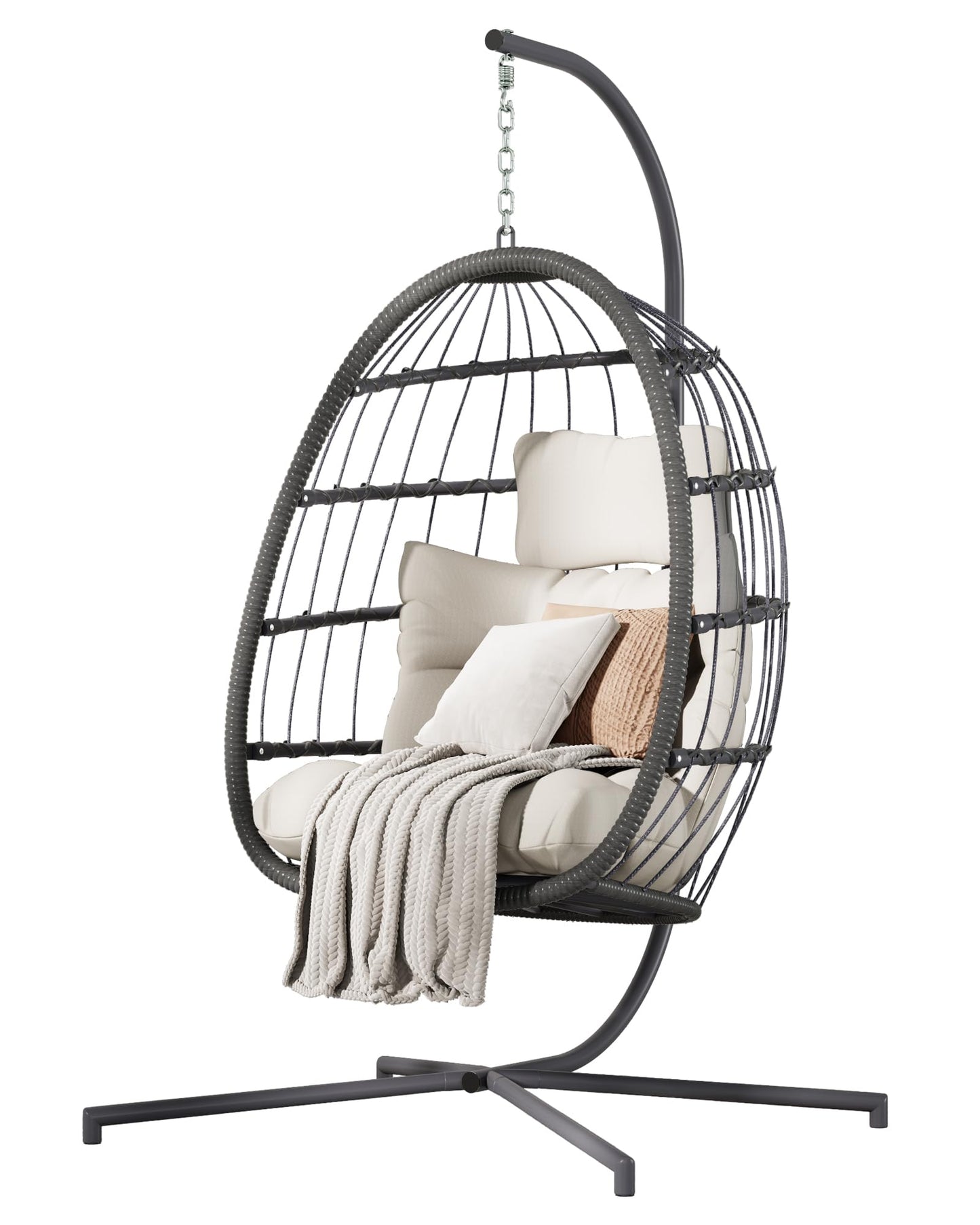 HWB Hanging Egg Chair with Stand, Patio Wicker Egg Swing Chair with Cushion for Bedroom Garden Indoor Outdoor (Beige) - WoodArtSupply