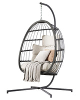 HWB Hanging Egg Chair with Stand, Patio Wicker Egg Swing Chair with Cushion for Bedroom Garden Indoor Outdoor (Beige) HWB