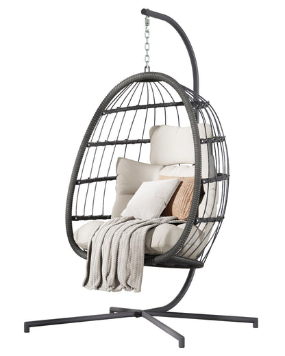 HWB Hanging Egg Chair with Stand, Patio Wicker Egg Swing Chair with Cushion for Bedroom Garden Indoor Outdoor (Beige) - WoodArtSupply