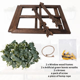 Rustic Wood Window Frame with Green Wreath and Arrows Wall Decor，Farmhouse Window Frame Hanging Decor,Wooden Fake Decoration,Window Pane Wall Decor,Set of 2 (Brown) WAKOSAN